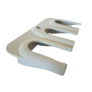 The Labnet Pipette Shelf Clip by Labnet International is a white plastic holder with three curved slots and a small circular hole, designed to hold 3 pipettes, shown on a flat base against a white background.