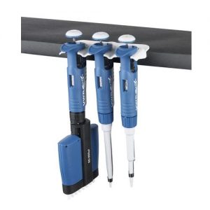 Three blue adjustable laboratory pipettes are hanging from a Labnet Linear Rack, which holds single and multichannel pipettes (Labnet International), serving as a sturdy holder.