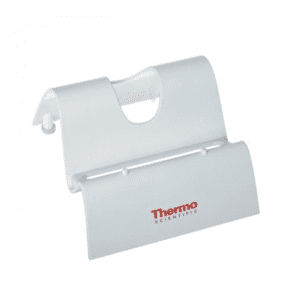 White plastic Finnpipette Stand for multichannel pipettes, holds 1 pipette, features a curved and grooved design with “Thermo Scientific” in red and gray on the front.