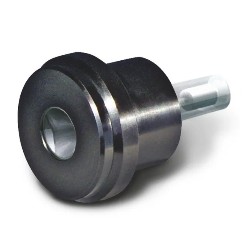 A close-up of a black and silver PLT Pipette Leak Testing Unit Single Channel Pipette Adapter (BrandTech), with a hollow center and transparent shaft—designed for precise pipette leak testing without tips.