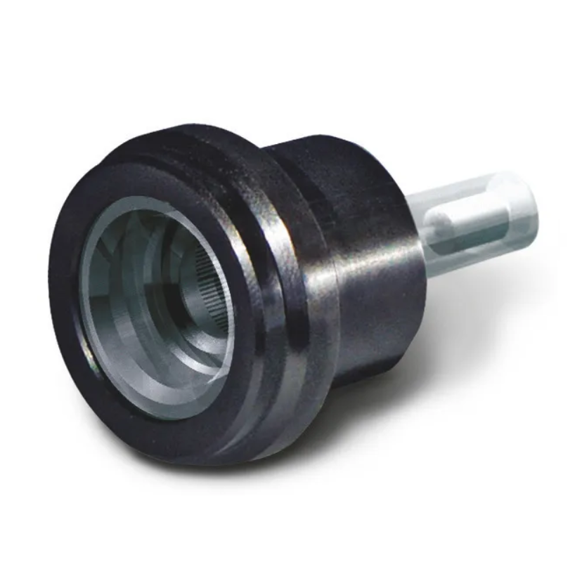 A close-up of a black metallic PLT Pipette Leak Testing Unit Single Channel Adapter by BrandTech, cylindrical with a transparent end, designed for precise leak testing without tips.