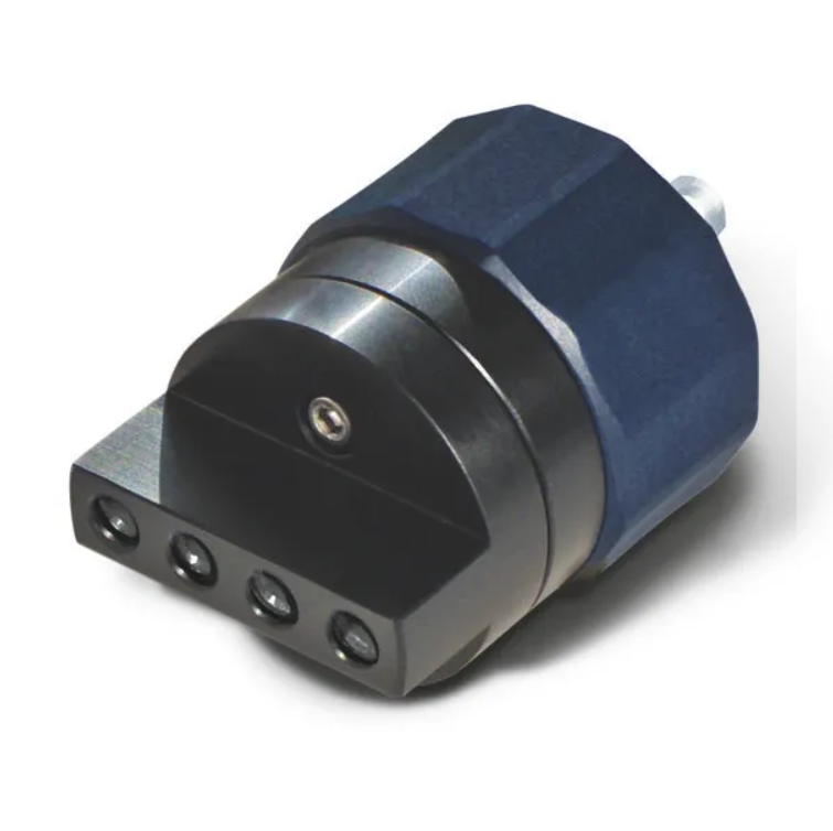 A black and blue PLT Pipette Leak Testing Unit, Single Channel Pipette Adapter for Testing without Tips (BrandTech), has a cylindrical body with four circular ports on one end and sits on a white background.