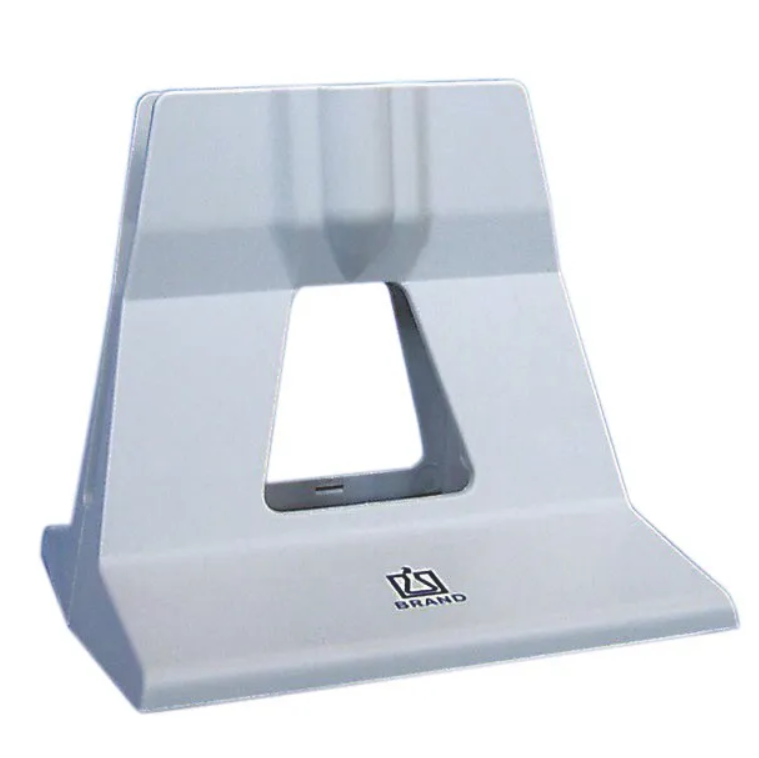 The Transferpette Electronic, Mechanical, pro and S, Multichannel Bench-Top Stand (BrandTech) features a triangular cutout and flat base to securely hold pipettes upright in the lab.