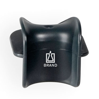 A black plastic bottle carrier with side handles and a white logo—perfect for use with the Transferpette S Bench Top Carousel Rack, which holds 6 pipettes (older version, BrandTech).