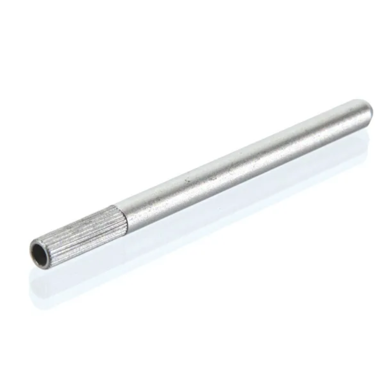 BT654004 The Transferpettor Piston Rod Protector (BrandTech) is a cylindrical metal rod with a knurled end and central hollow opening, designed for use with the Transferpettor and shown on a white background.