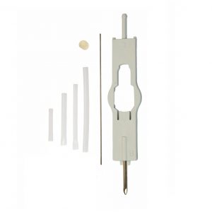A disassembled Reference Wrench & Repair Kit, All Volumes (Eppendorf), includes a plastic main body, metal rod, small round component, and four clear plastic tubes of different lengths.