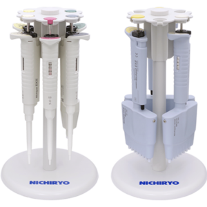 Nichipet models, are arranged vertically on Nichipet Rotary Pipette Stands (Nichiryo), which are labeled NICHIRYO