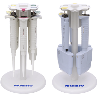Nichipet models, are arranged vertically on Nichipet Rotary Pipette Stands (Nichiryo), which are labeled NICHIRYO