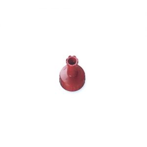 Red plastic bottle cap with spout seen from above on white background—serves as a Nichimate Stepper, Adapter for 25mL Syringes (Nichiryo).
