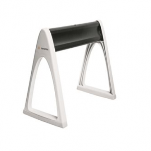 A black and white desktop tape dispenser featuring a modern, triangular design inspired by the sleek style of the Sartorius Pipette Linear Stand.