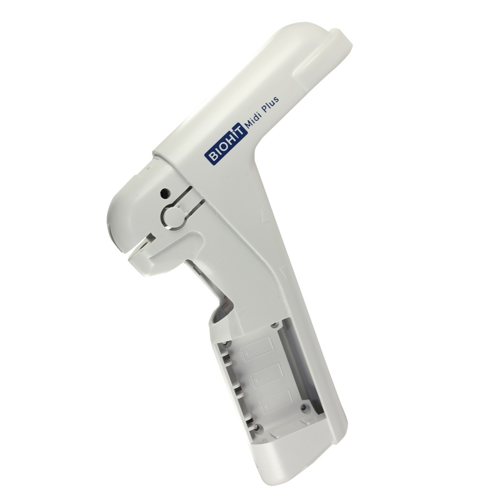 A Biohit/Sartorius Midi Plus Body Housing in white, featuring a trigger handle and compartment for batteries or tips, shown on a plain white background.