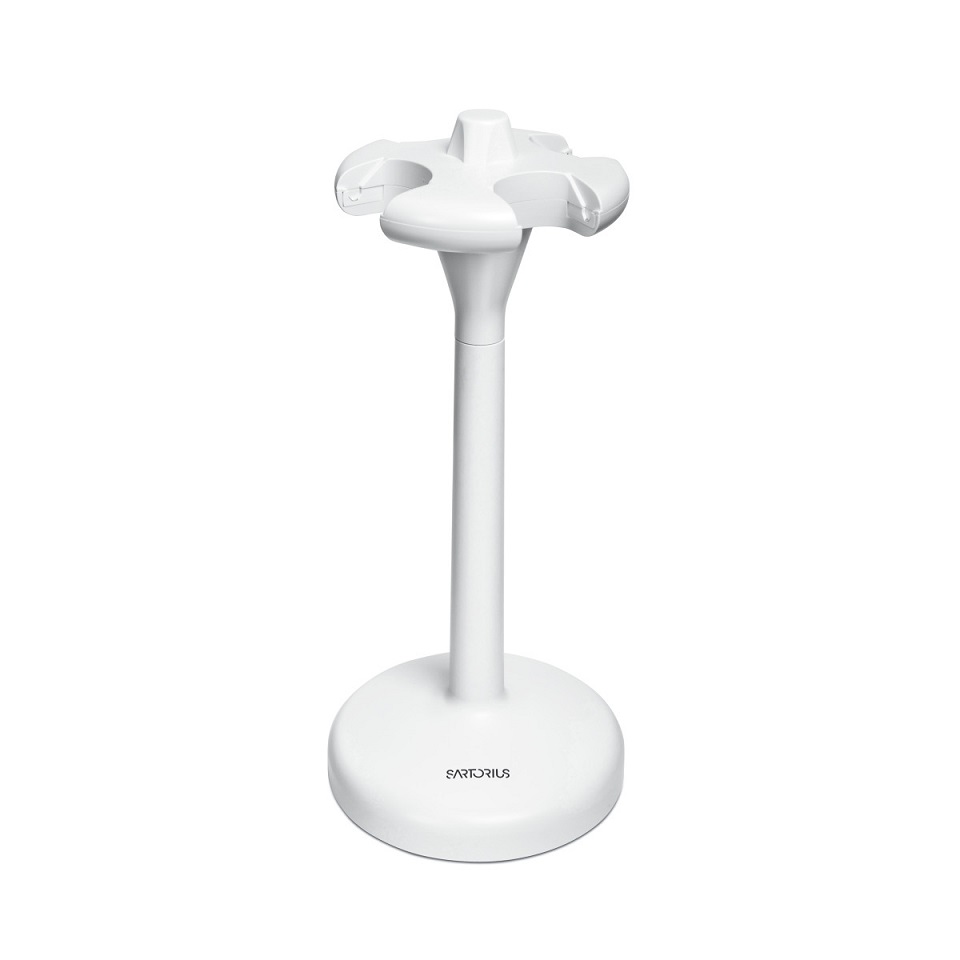 SA_730991_ A white, freestanding plastic stand with four curved hooks and wide base, labeled SANISWISS, serves as the Sartorius Charging Stand for 1 Pipette with AC adapter (Biohit / Sartorius).
