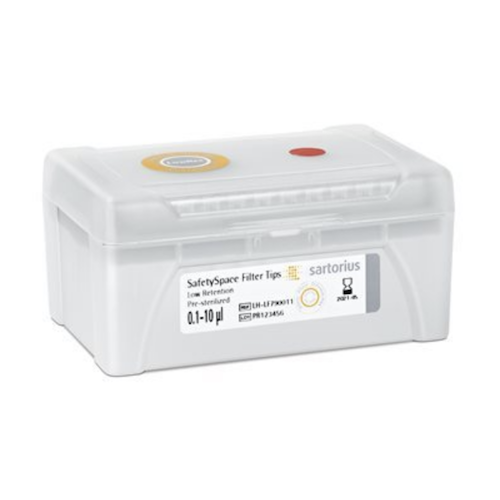 SA LH-LF790011 A gray SafetySpace Filter Tip Single Tray Rack, 10 µL, low retention and sterile from Sartorius, holding 960 tips (10x96) in a white plastic box with transparent lid and color-coded stickers.