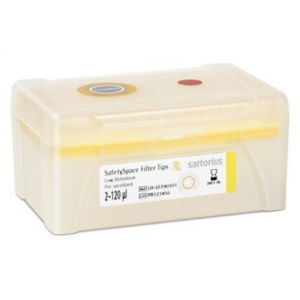 A closed plastic box labeled SafetySpace Filter Tip Single Tray Rack, 120μL, Yellow, Low Retention, Sterile, 10x96 (960 tips) by Sartorius for storing sterile laboratory filter tips.