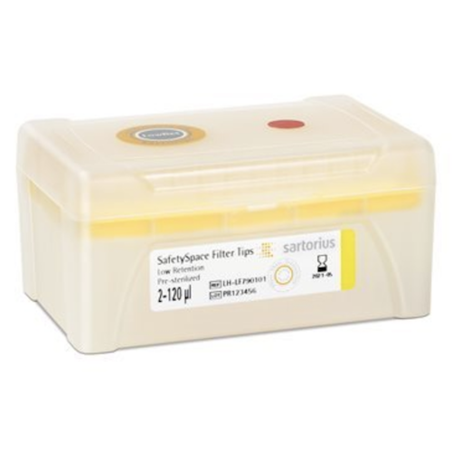 A closed plastic box labeled SafetySpace Filter Tip Single Tray Rack, 120μL, Yellow, Low Retention, Sterile, 10x96 (960 tips) by Sartorius for storing sterile laboratory filter tips.