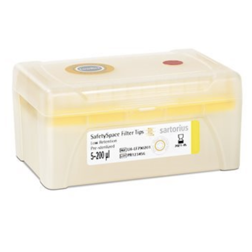 A yellow plastic Sartorius SafetySpace Filter Tip Single Tray Rack, 200 μL, low retention, sterile, with label and secure lid; 10 x 96 tips (960 total).