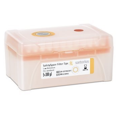A closed plastic box labeled SafetySpace Filter Tip Single Tray Rack, 300μL, Orange, Low Retention, Sterile, contains 960 Sartorius pipette tips in 10x96 racks.