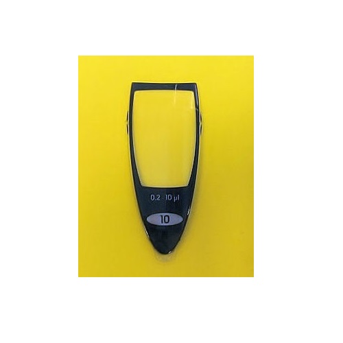 A close-up of a black Sartorius Picus / Picus NxT LCD Window, 10μL micropipette tip with measurement markings, placed on a yellow background.