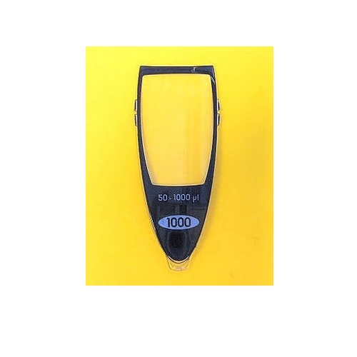 A black and transparent Sartorius Picus/Picus NxT LCD Window, 1000μL, shown on a yellow background—ideal for use with Picus NxT pipettes.