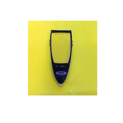 736015 A black plastic Sartorius Picus/Picus NxT LCD Window 1200μL cuvette labeled 1200 and 50-1200 µl is shown on a yellow background, ideal for liquid sampling.