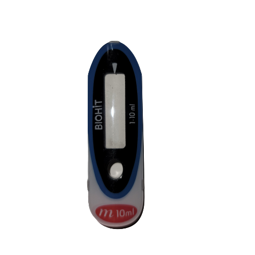 SA 726030 The mLINE Display Window Single Channel 10mL (Sartorius) pipette features a handheld design, easy-to-read volume display, and a red 10 mL marking at the bottom for accurate measurements.