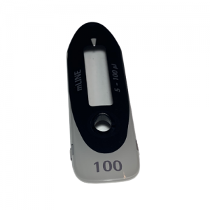 The mLINE Display Window, Multichannel, New Style, 5–100 μL (Sartorius) is a detachable volume adjustment dial labeled 100 with a central circular hole, compatible with Multichannel models.