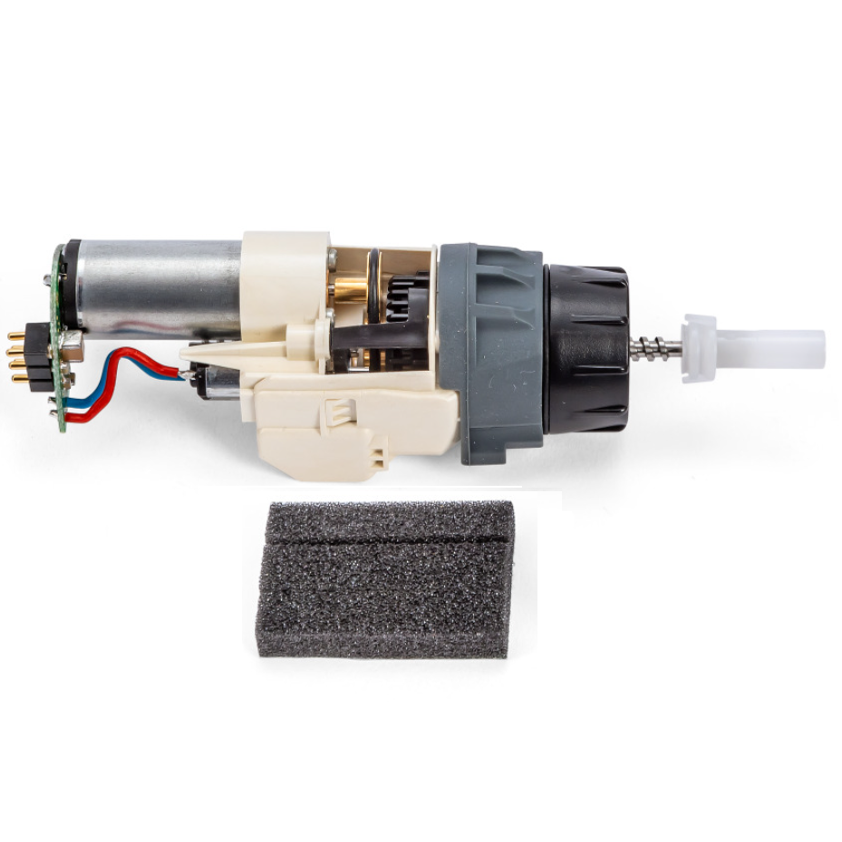 SA LH-736062 the Sartorius Picus/Picus NxT/Picus 2 Actuator Assembly Complete, Single Channel, 10μL–1000μL, showing its electric motor, gears, wires, gray cylindrical casing, and black foam beneath the device.