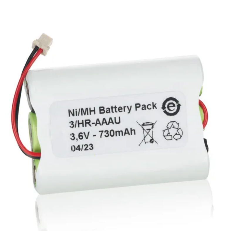 White BrandTech Transferpette Electronic, OEM, NiMH, Battery Pack with a wire lead and connector, labeled 3.6V 730mAh. Transferpette Electronic, OEM, NiMH, Battery Pack (BrandTech)