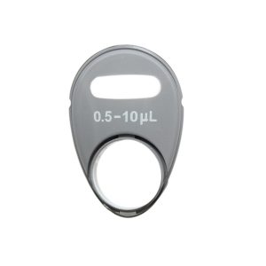 The Eppendorf Reference 2 Window 10μL pipette is gray plastic, offers a 0.5–10μL range, features an oval window indicator, and has a circular opening at the bottom.