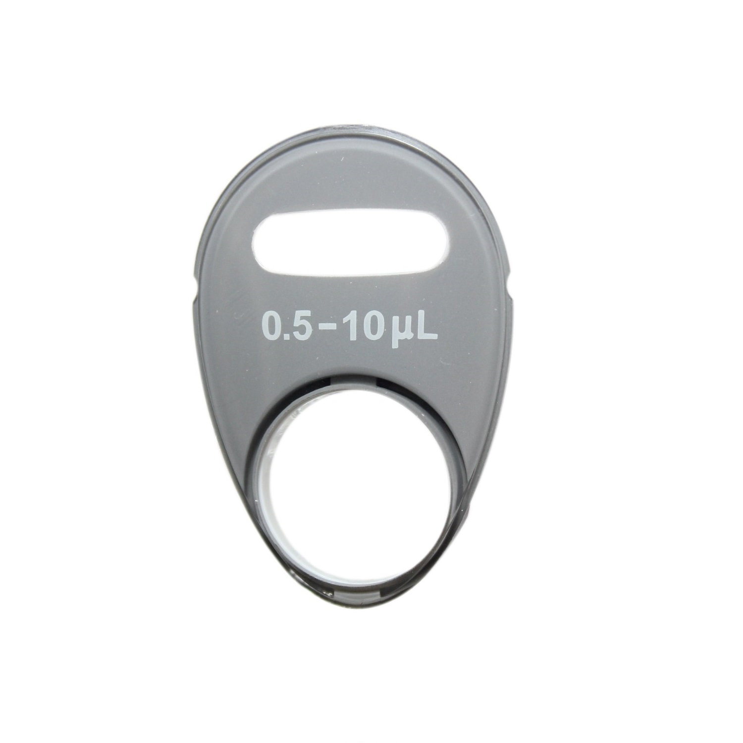 EP4920804000 The Eppendorf Reference 2 Window 10μL pipette is gray plastic, offers a 0.5–10μL range, features an oval window indicator, and has a circular opening at the bottom.