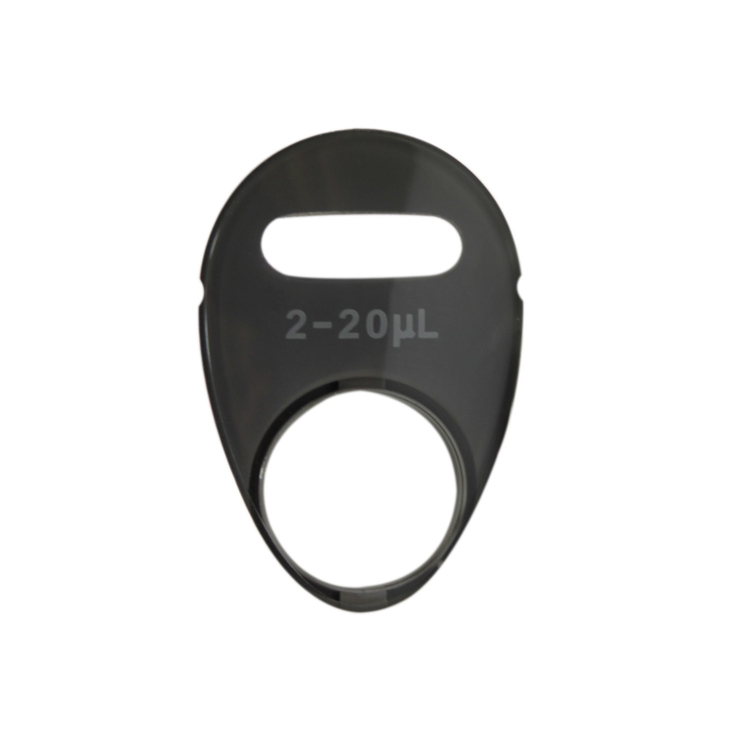 Black plastic volume limiter for Reference 2 Window, 20μL (Eppendorf); labeled 2-20μL, with a slot and circular opening; compatible with Reference 2 Window models.