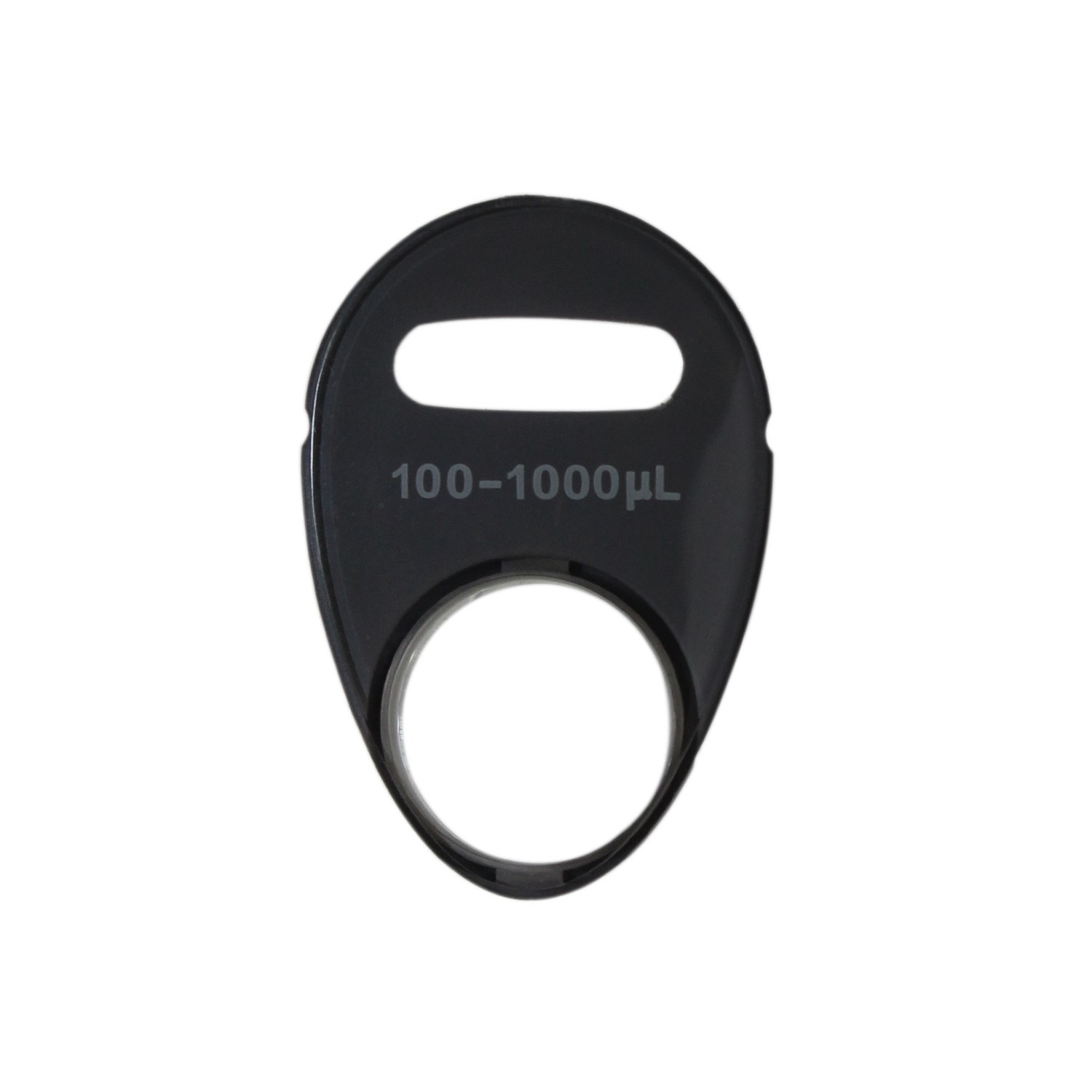 The Reference 2 Window, 1000μL (Eppendorf) is a black plastic pipette volume range indicator labeled 100–1000μL, with a circular opening and an oval slot above it, shown on a white background.