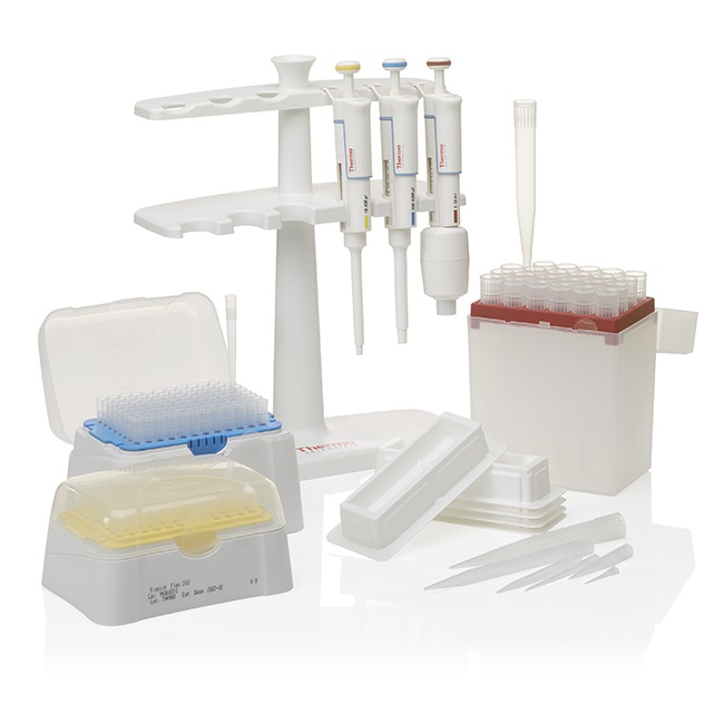 The GLP F1 Kit 3 includes three Thermo Scientific Finnpipette F1 single channel, variable volume pipettes (100μL, 1000μL, 10mL), plus pipette tips, tip boxes, and a stand on a white background.