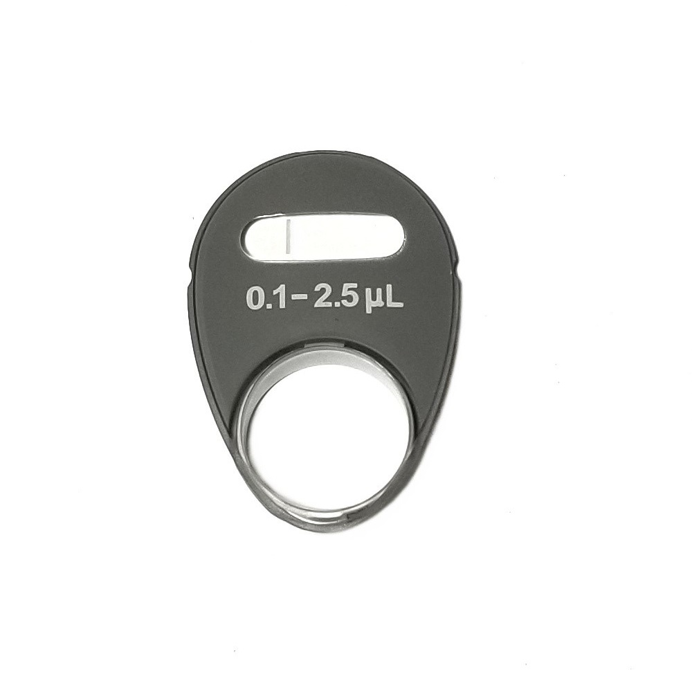 The Reference 2 Window, 2.5μL (Eppendorf) features a gray volume indicator displaying the 0.1–2.5μL range and a circular opening for easy viewing.