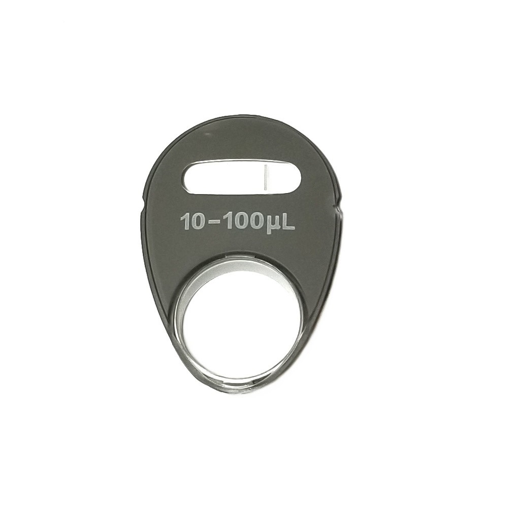 EP 4920806002 The Reference 2 Window, 100μL (Eppendorf) is a metal pipette volume limiter with an oval slot on top, a circular bottom opening, and precise adjustment features.