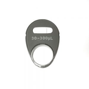 Reference 2 Window, 300μL (Eppendorf) pipette volume adapter with a round bottom opening and horizontal slot near the top, labeled 30-300 μL, shown on a white background.