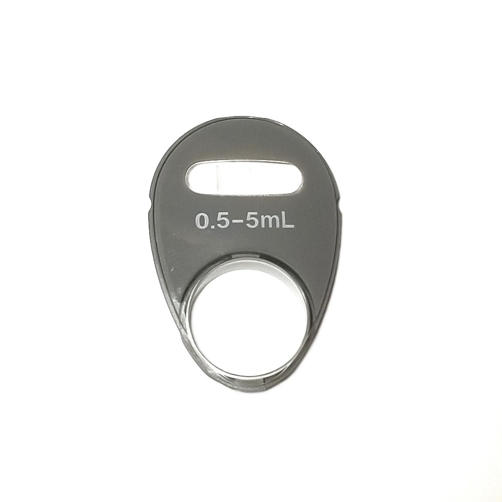 The Reference 2 Window, 5mL (Eppendorf) is a gray plastic measuring cap with an oval window at the top and a circular opening at the bottom, labeled for 0.5–5mL volumes.