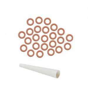 Twenty Eppendorf Tip Cone O-rings, Multichannel, 50μL/100μL/300μL (24 pcs), arranged in a triangle above a single white 50μL plastic tube on a white background.