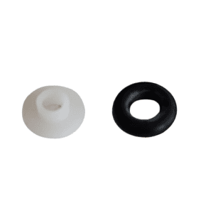 A white conical Teflon seal washer and a black round O-ring from the Nichipet F Teflon Seal and O-ring Set, 1000μL (Nichiryo), are displayed side by side on a white background.