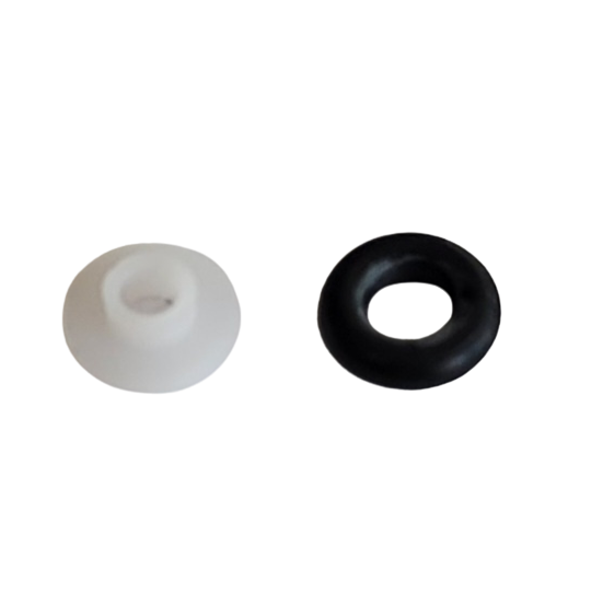 NI 5F-050025 A white conical Teflon seal washer and a black round O-ring from the Nichipet F Teflon Seal and O-ring Set, 1000μL (Nichiryo), are displayed side by side on a white background.