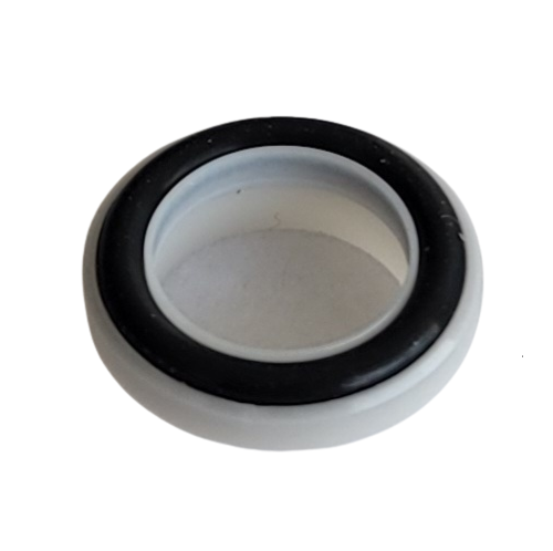 NI 5F-051000 The Nichipet F Teflon Seal and O-ring Set, 1000μL (Nichiryo), features a white circular plastic ring with a black rubber inner band, resembling an O-ring set, shown from above on a plain background.