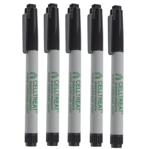 Five Fine Tip Lab Markers (Permanent, Black, 5 Pack by Pipette Supplies) stand upright side by side with black caps, white bodies, and green branding—essential for precise, permanent lab marking.