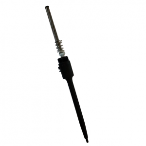 A black, pen-shaped Finnpipette F2 Tip Cone Assembly, 20μL Micro (Thermo Scientific), with a metal spring on the upper end, isolated on a white background.