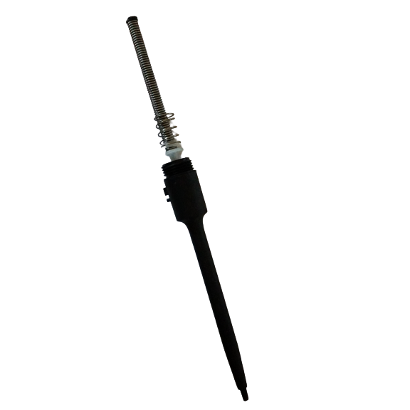 A black, pen-shaped Finnpipette F2 Tip Cone Assembly, 20μL Micro (Thermo Scientific), with a metal spring on the upper end, isolated on a white background.