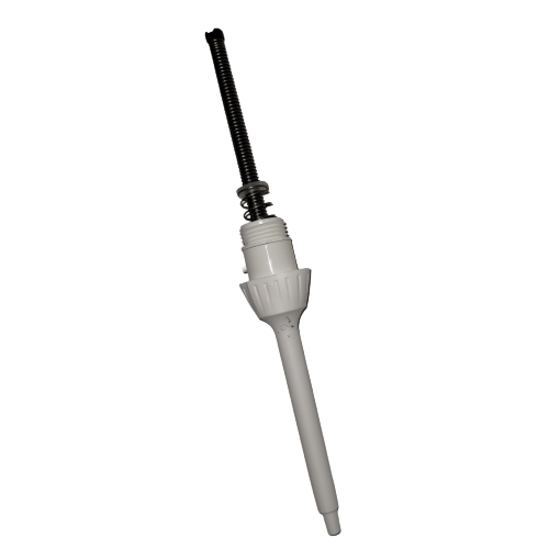 TS 2214510 The Fisherbrand Elite Tip Cone Assembly, Single Channel, 200μL (Thermo Scientific) is a white plastic and metal unit with a long stem, threaded section, and exposed spring, designed for 200μL single channel pipettes.
