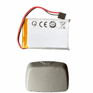 A Finnpipette Novus Lithium-Ion Battery Assembly (Thermo Scientific) with attached red and black wires is displayed above a grey plastic cover, both set against a plain white background.