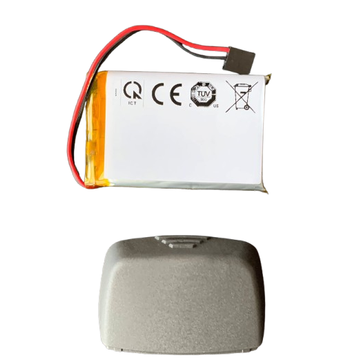 A Finnpipette Novus Lithium-Ion Battery Assembly (Thermo Scientific) with attached red and black wires is displayed above a grey plastic cover, both set against a plain white background.