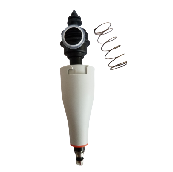 TS 2215580_ A disassembled E1 ClipTip Tip Cone Assembly, Single Channel, 125μL (Thermo Scientific) with a white cylindrical body, black top cap, internal metal tip fitting, and detached spring is shown on a white background.