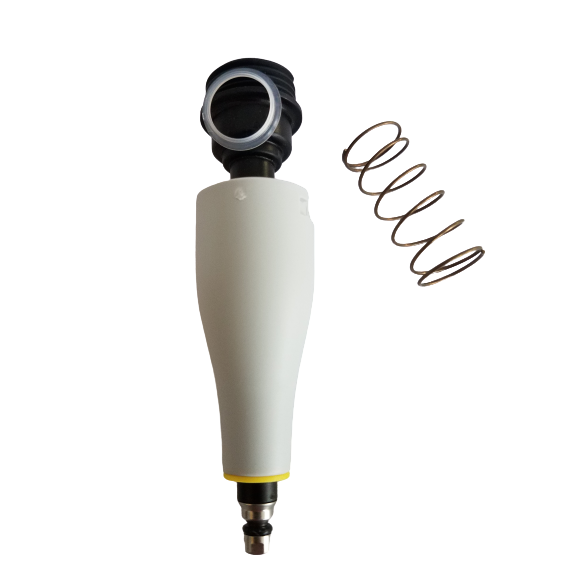 TS 2215590_ A white cylindrical component with black top is shown next to a coiled metal spring, resembling the Thermo Scientific E1 ClipTip Tip Cone Assembly, Metal Tip Fitting, Single Channel, 125μL, on a white background.