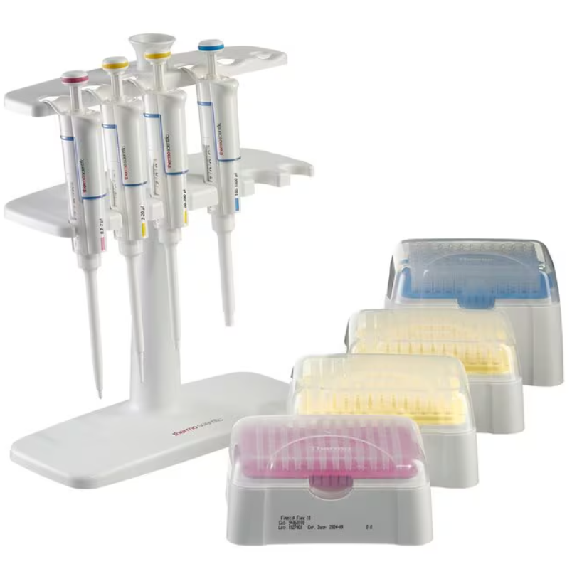 The GLP F1 Kit 2 includes four Thermo Scientific Finnpipette F1 single-channel variable volume pipettes (2μL, 20μL, 200μL, 1000μL) on a stand with racks of color-coded pipette tips for precise liquid handling in the lab.
